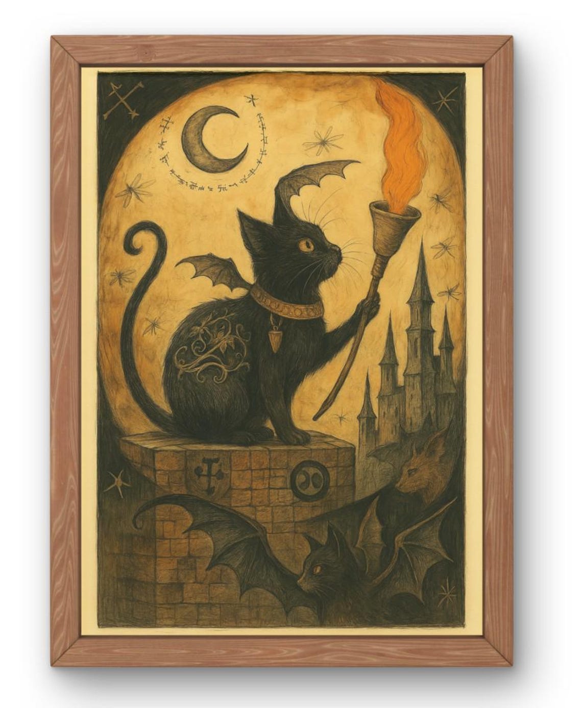 Black Cat Bat Wings Torch Dark Fantasy Gothic Moon Castle Art Poster