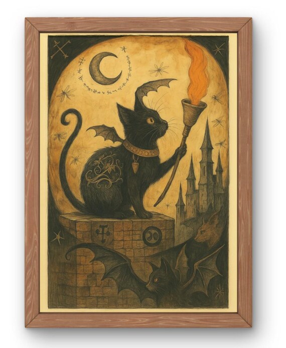 Gothic Black Cat Art Print Mystical Winged With Torch Dark Fantasy Occult Wall Witchy Castle Night Scene Available In A5a1