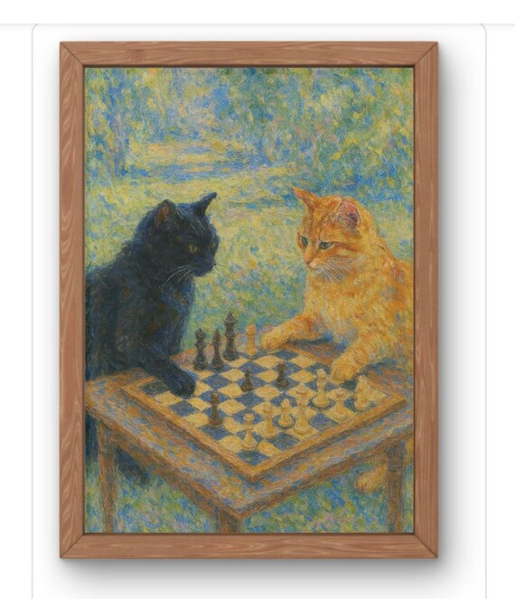 Two Cats Playing Chess Impressionist Whimsical Feline Art Print