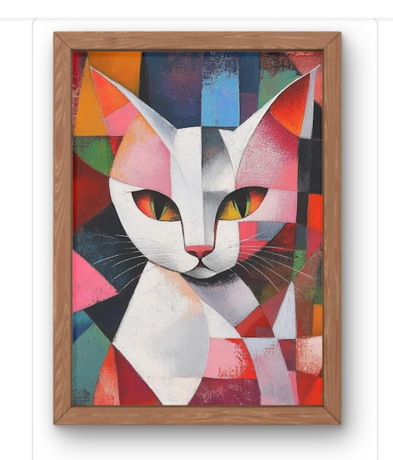Cubist White Cat Portrait Poster Colorful Geometric Modern Feline Art