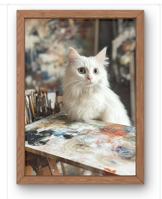 White Cat In Artist Studio Behind Paint Palette Cute Art Poster