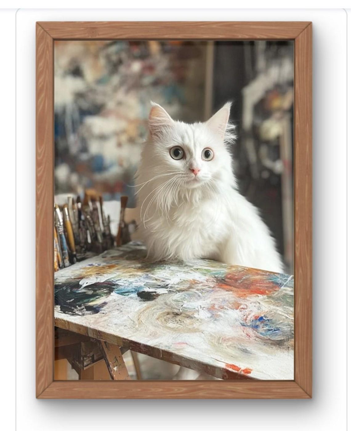 White Cat In Artist Studio Behind Paint Palette Cute Art Poster