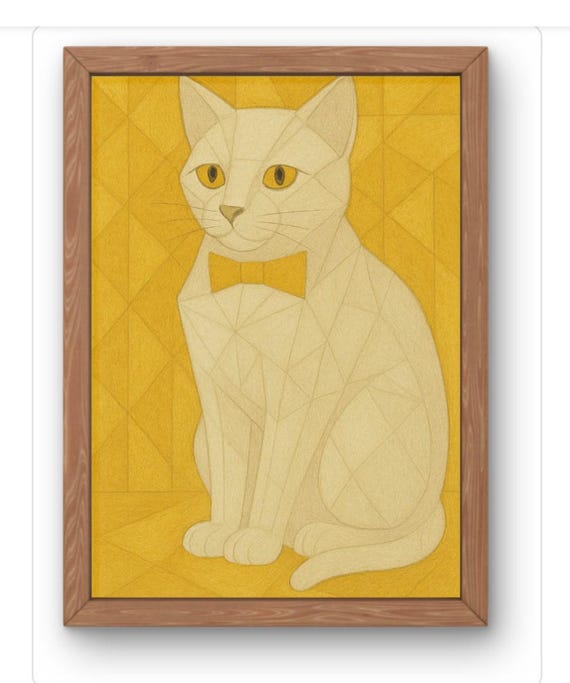 Geometric Yelllow Cat Art Print Abstract Modern Feline Illustration Stylish With Bow Tie Wall Decor Available A5 A1