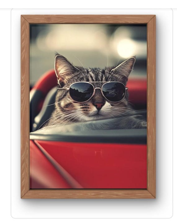 Cool Cat In Sunglasses Art Print Funny Tabby Driving A Red Car Retro Wall Decor Available A5 A1