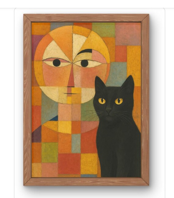 Black Cat Beside Cubist Sun Portrait Geometric Modern Art Print