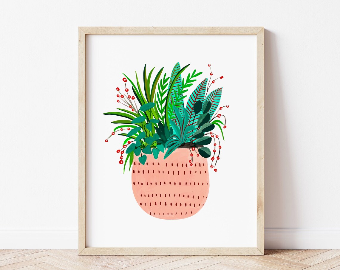 Peach Potted Plant Botanical Art Print, Boho Minimalist