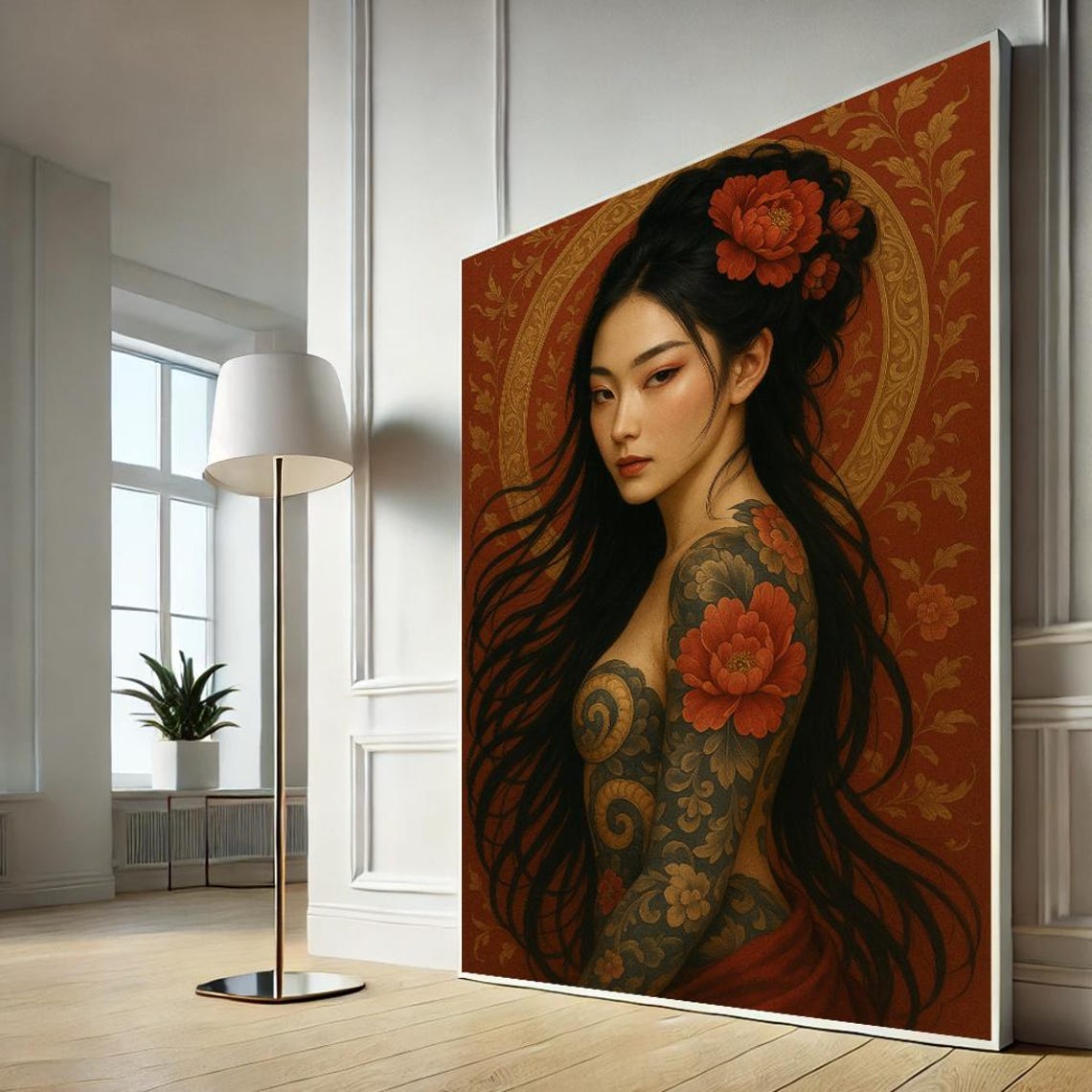 Sexy Tattooed Geisha Warrior Red Peony Bold Wall Decor Print