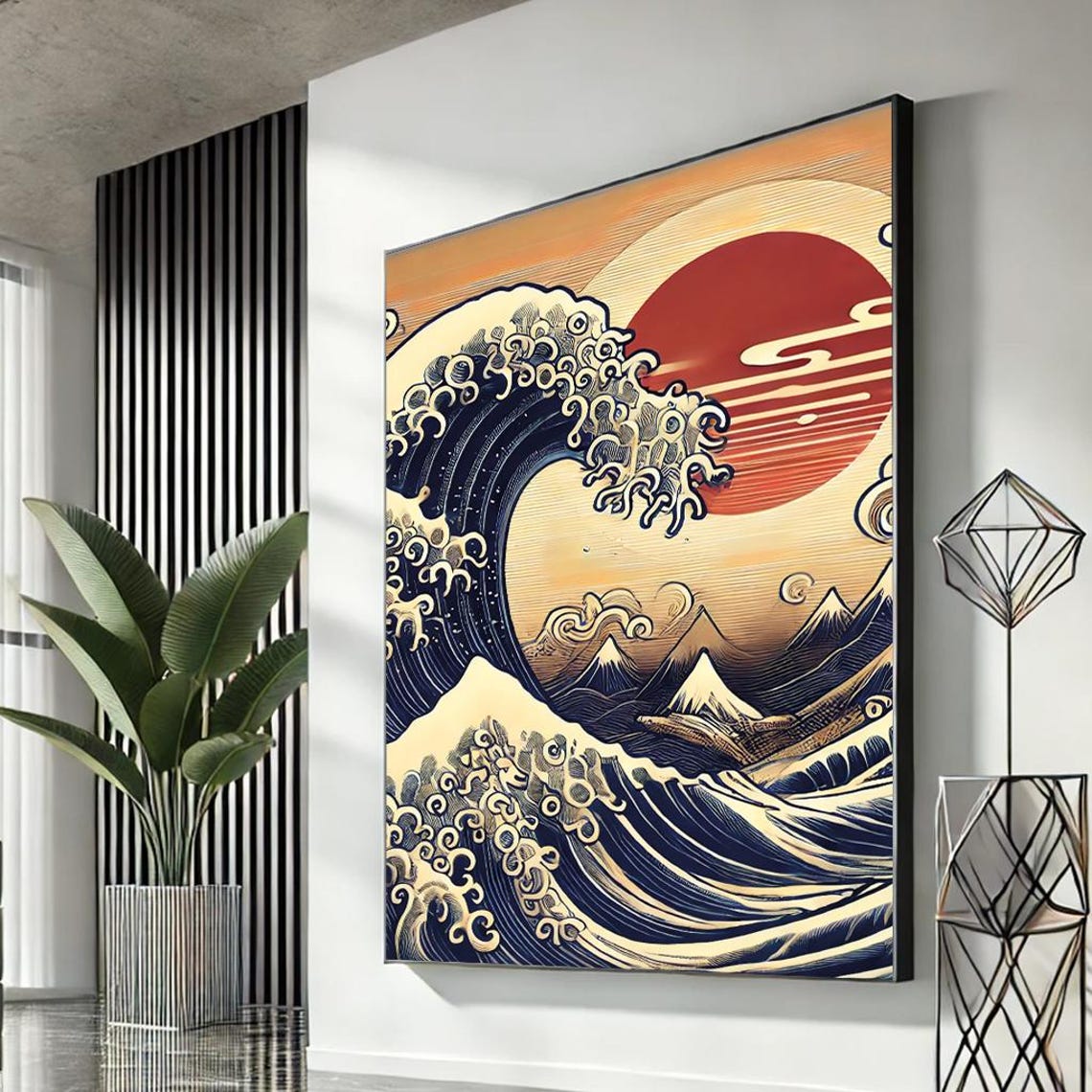 Great Wave Red Sun Mount Fuji Japanese Seascape Dramatic Art Poster