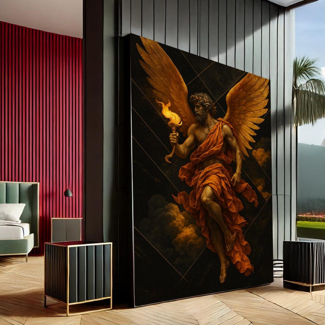 Baroque Angel Golden Wings Torch Flame Dark Classical Poster Art