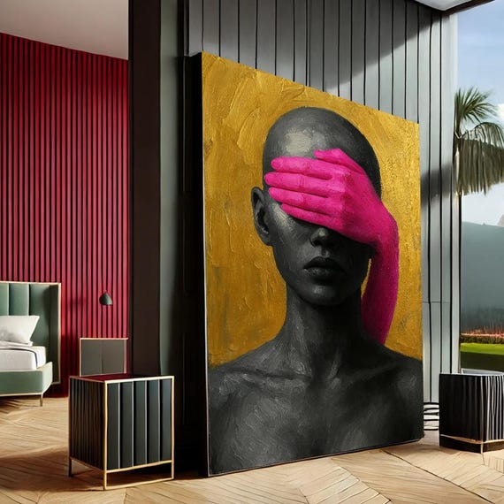 Empowering Figure Modern Abstract Canvas Wall Art Print Gold Pink Living Room Decor Statement Piece