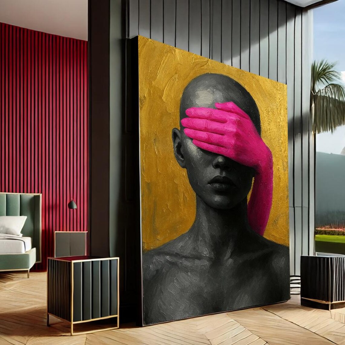 Pink Hand Covering Eyes Black Figure Gold Abstract Surreal Art Poster