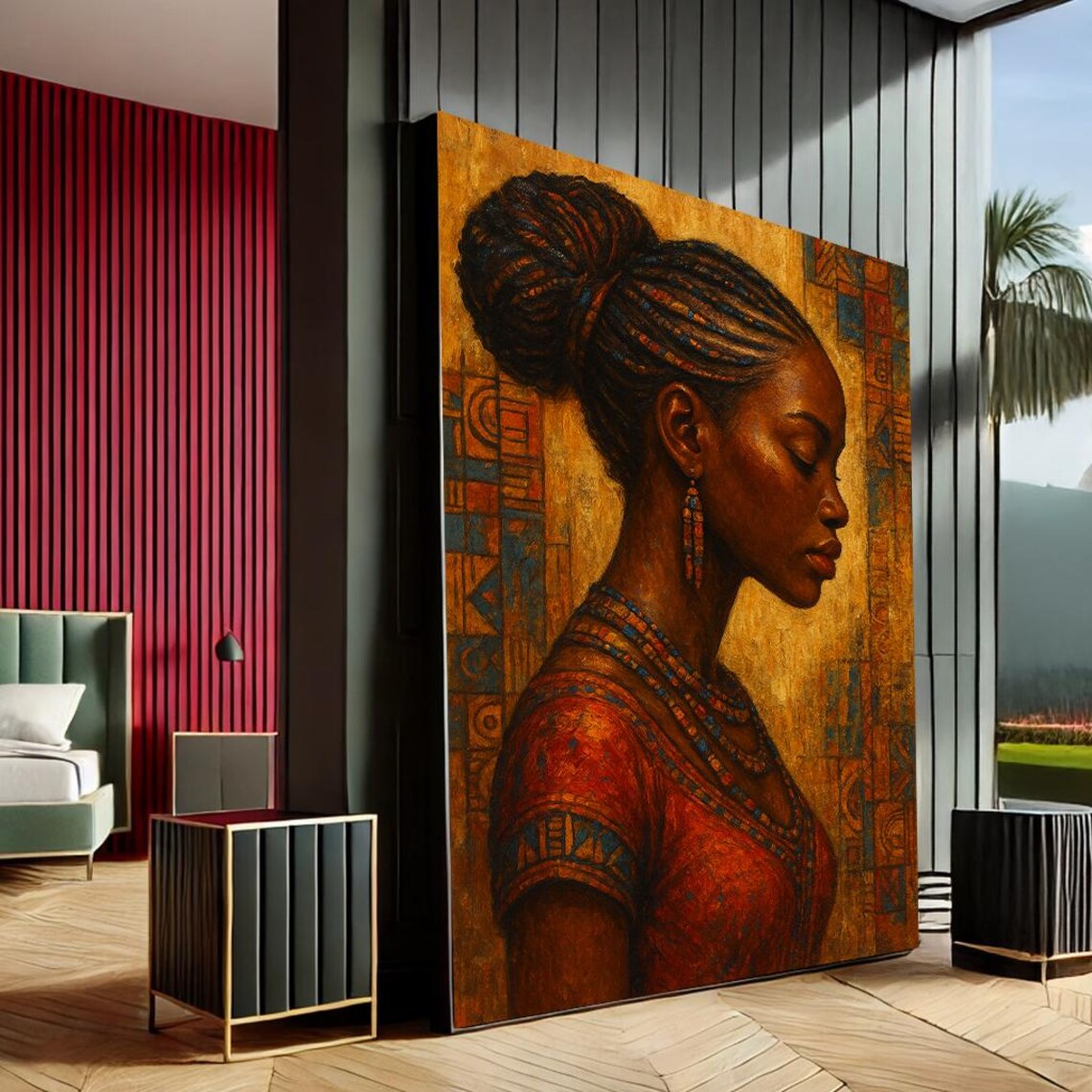 Elegant African Woman Braided Hair Earthy Portrait Modern Canvas Wall Art