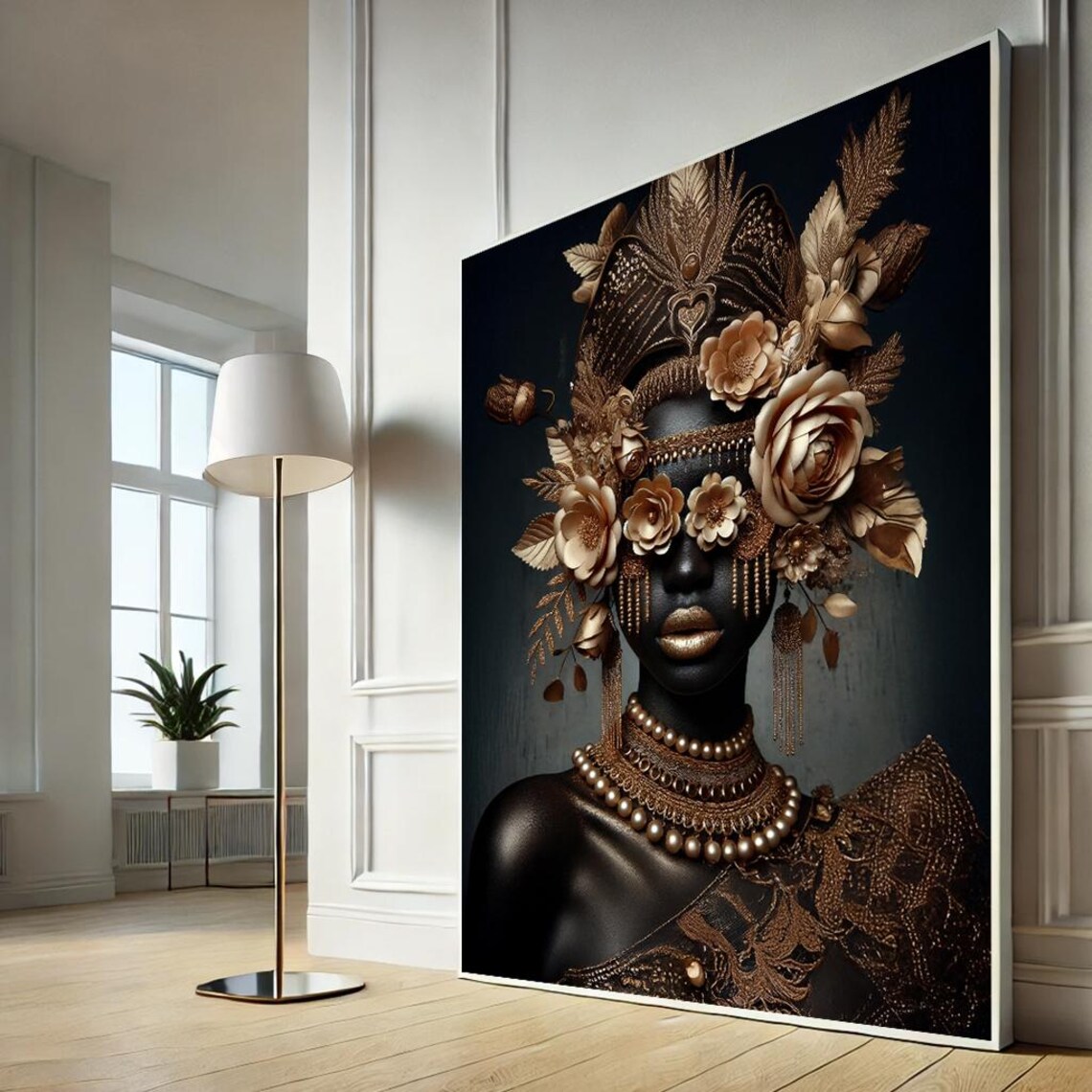 Blush Floral Headdress Woman Canvas Wall Art Dark Elegant Portrait