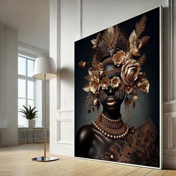 Blush Floral Headdress Woman Canvas Wall Art Dark Elegant Portrait