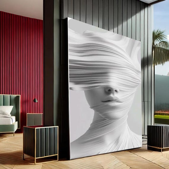 Mystical Veiled Woman Modern Abstract Canvas Wall Art Print White Gray Living Room Decor Statement Piece