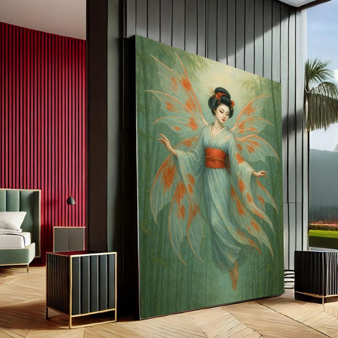 Elegant Japanese Geisha Butterfly Wings Kimono Fantasy Canvas Print