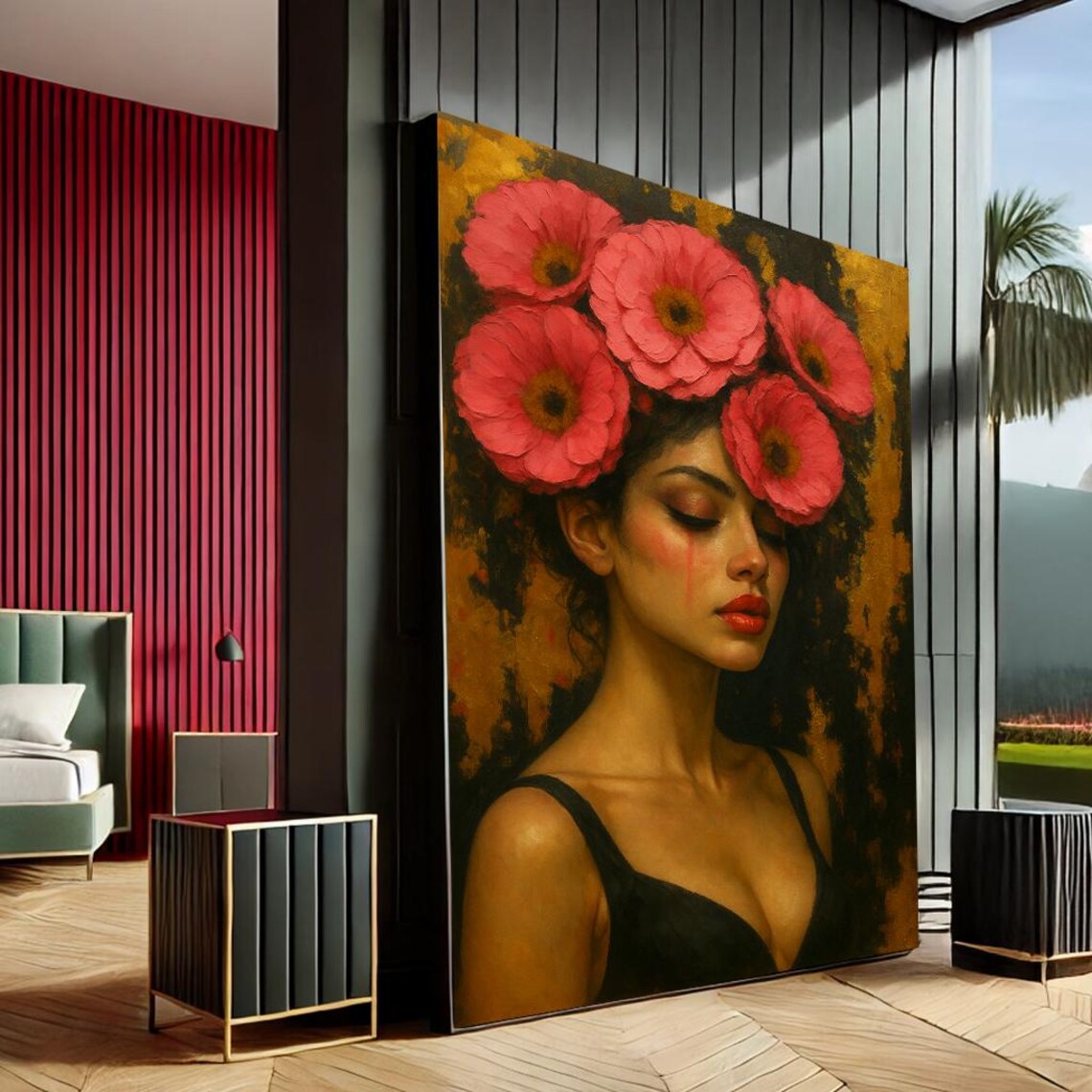 Woman With Red Flowers Beauty Portrait Gold Oil Painting Poster