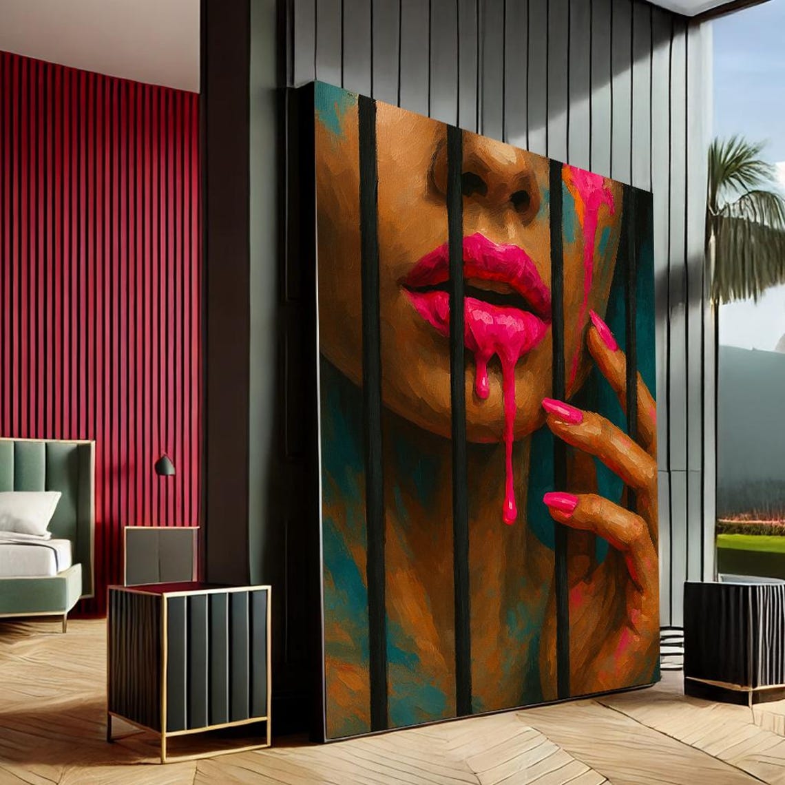 Pink Dripping Lips Behind Bars Bold Pop Art Modern Canvas Poster