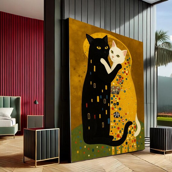 Black White Cats Klimt Style Gold Embrace Whimsical Poster Art
