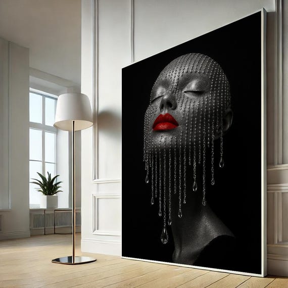 Luxury Glam Woman Canvas Red Lips Crystal Face Print Modern Black Wall Art Fashionable Bedroom Ready To Hang