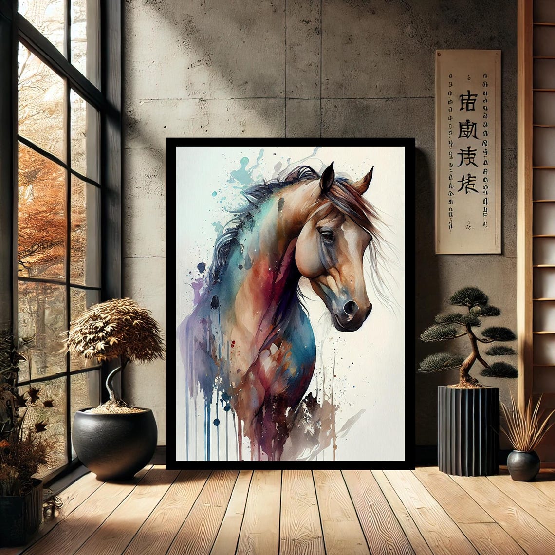 Watercolor Horse Portrait Blue Teal Abstract Equine Art Poster