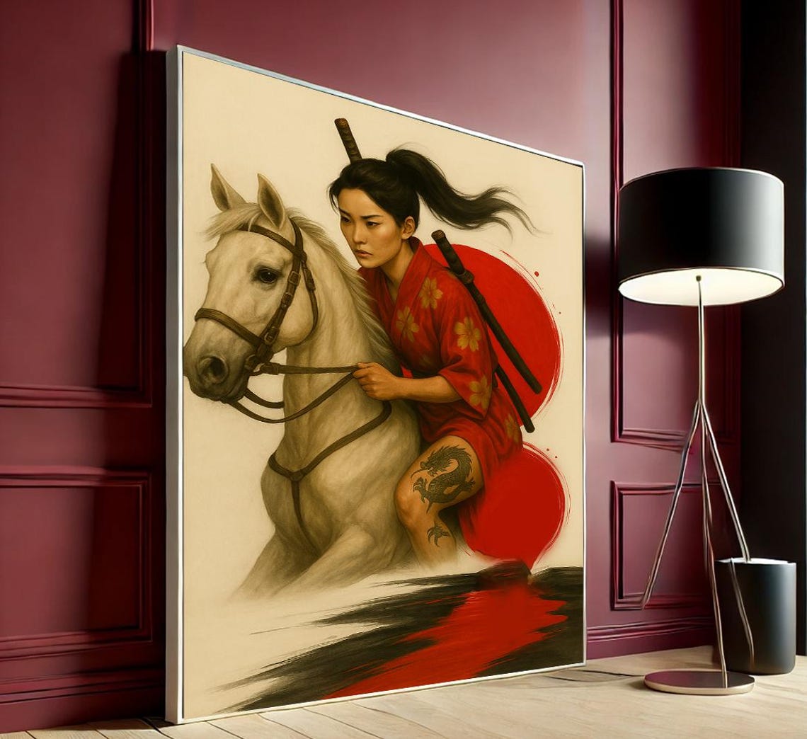 Samurai Girl on Horse Canvas Style Poster with Red Sun and Sword