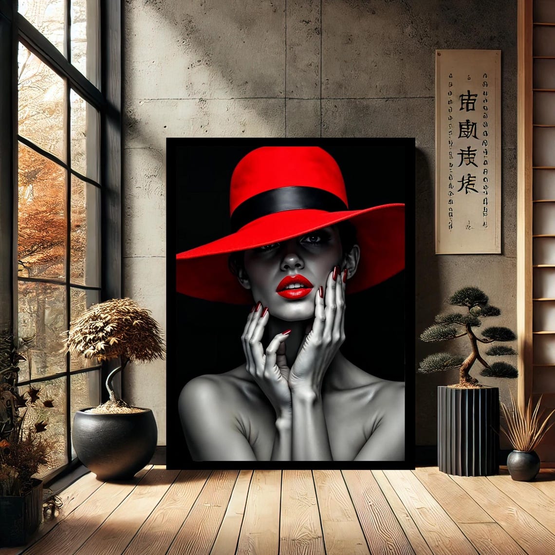 Beatiful Woman In Red Hat Makeup Canvas Wall Art Modern Abstract Home Decor Print