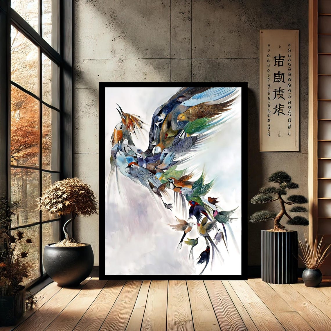 Flock of Colorful Birds Forming a Flying Bird Watercolor Poster