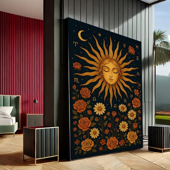 Radiant Sun Goddess Zodiac Floral Black Gold Mystical Celestial Art Poster