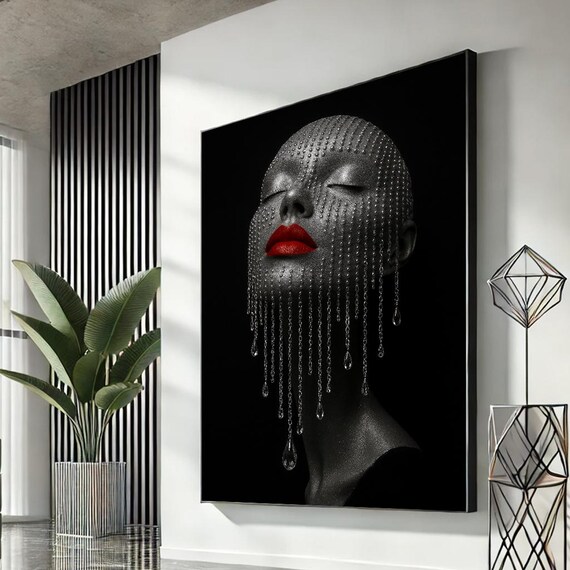 Moody Silver Glitter Woman Red Lips Dripping Chains Dark Art Poster