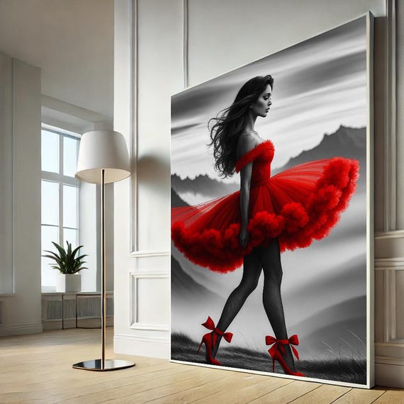 Elegant Red Dress Woman Canvas Wall Art Print Contemporary Living Room Decor Statement Piece