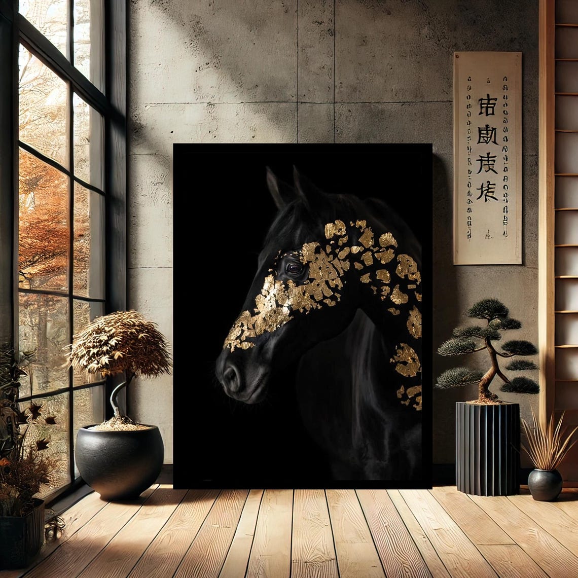 Black Horse Gold Leaf Detail Dark Elegant Equine Portrait Poster