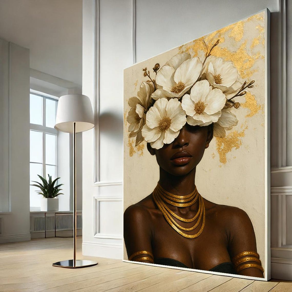 Elegant Woman White Floral Crown Gold Leaf Dark Portrait Art Poster