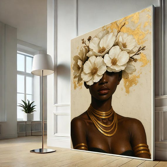Whimsical Black African Woman With Floral Crown Canvas Art Bold Ethnic Wall Decor For Living Room Elegant Modern Home Accent Piece