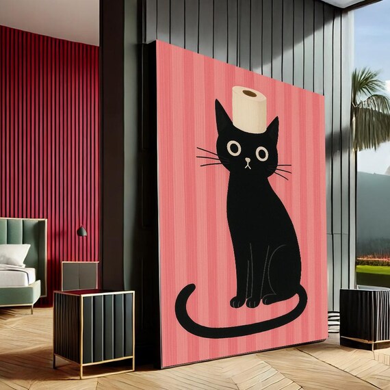 Funny Black Cat Poster Toilet Paper Roll Hat Pink Striped Humor