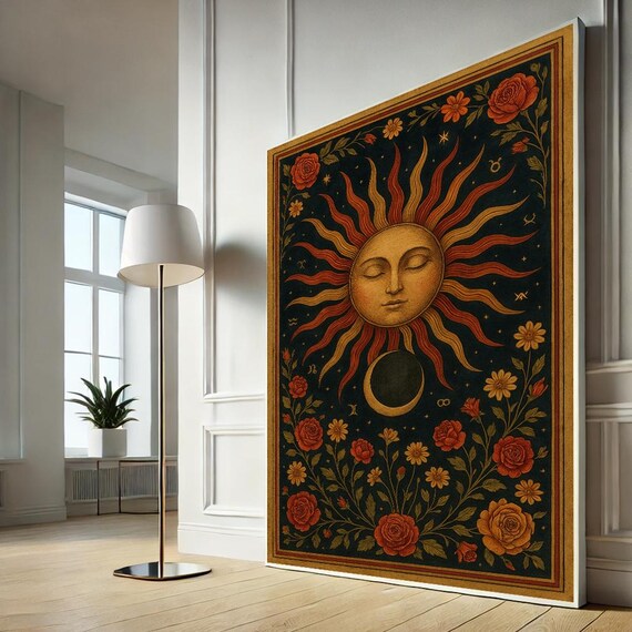 Celestial Sun And Moon Canvas Art Boho Astrology Wall Print Vintage Tarot Poster Spiritual Decor Ready To Hang