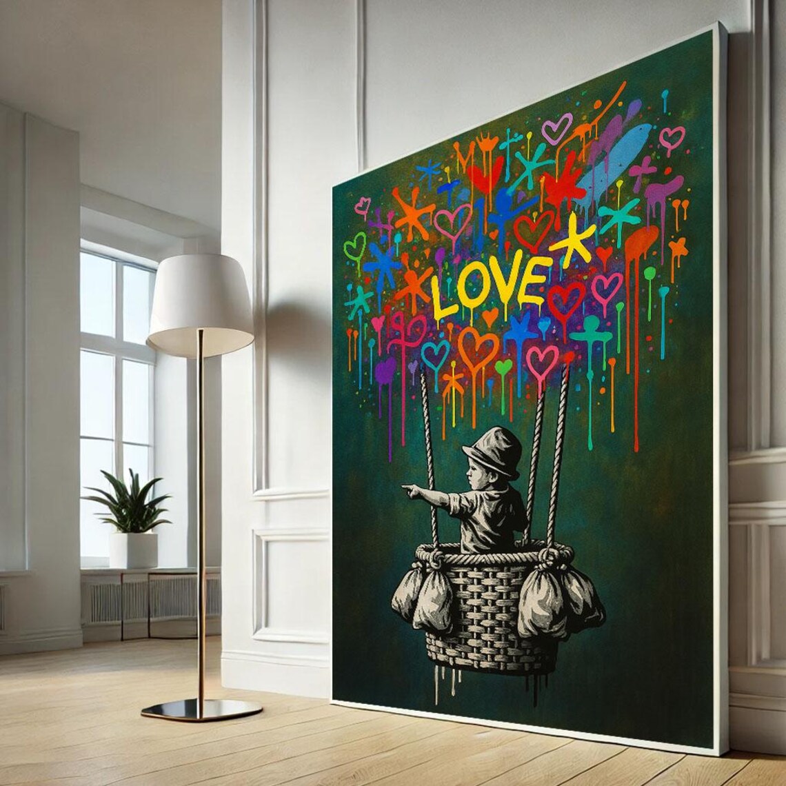 Love Pop Art Child In Balloon Basket Graffiti Hearts Canvas Art Print