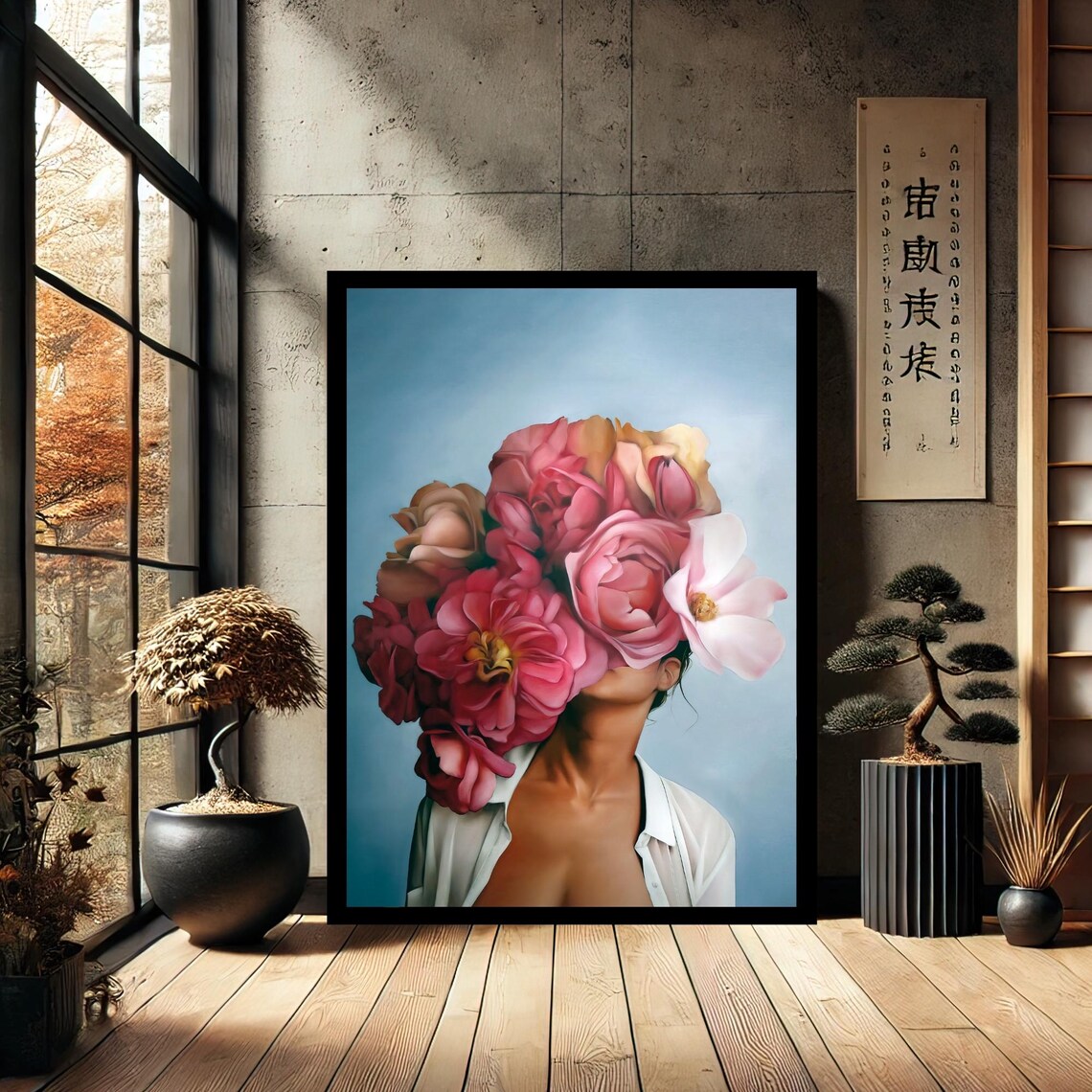 Woman with Blush Pink Blossoms Covering Face Modern Art Print