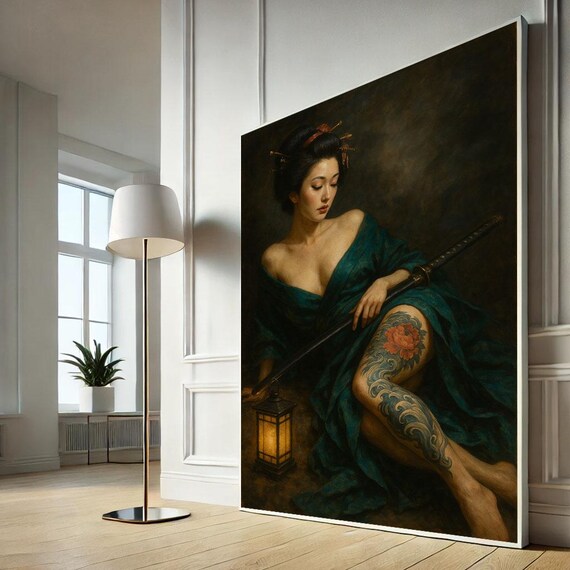Tattooed Geisha With Katana Dark Teal Kimono Lantern Art Print