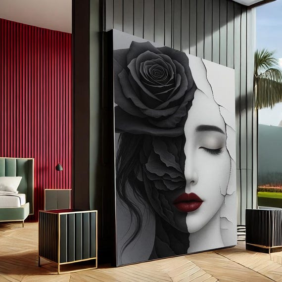 Elegant Woman Modern Abstract Canvas Wall Art Print Black Red Bedroom Decor Statement Piece
