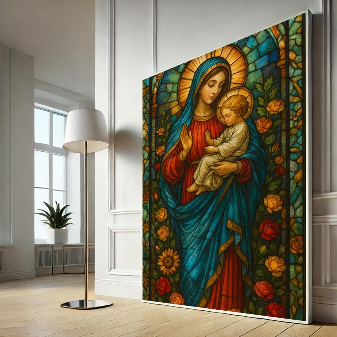 Radiant Madonna and Child Stained Glass Roses Sacred Art Poster