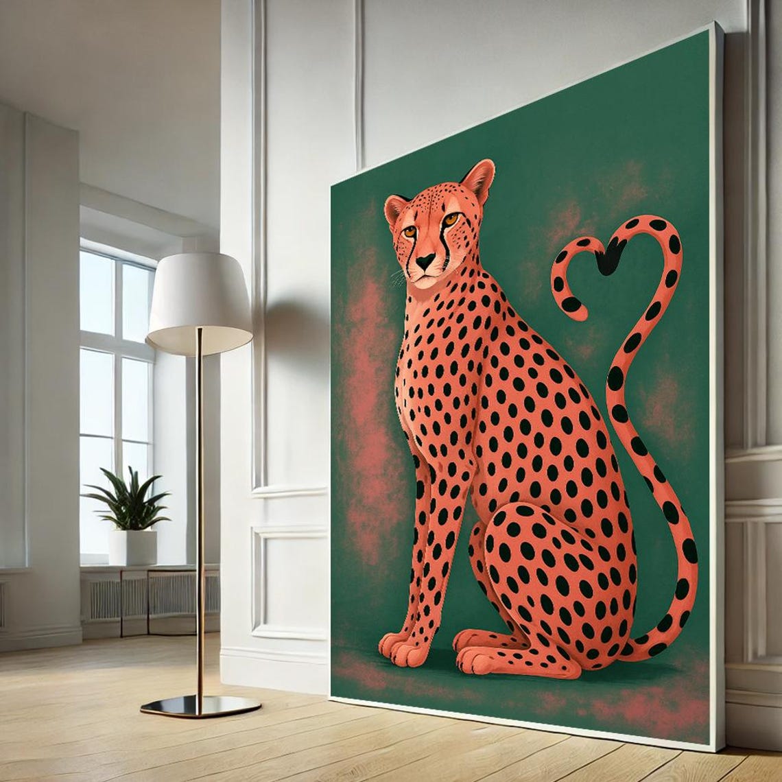 Pink Cheetah With Heart Shaped Tail Whimsical Green Pop Art Poster