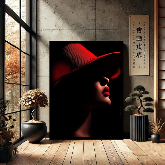 Mysterious Woman Red Hat Dramatic Black Noir Portrait Poster