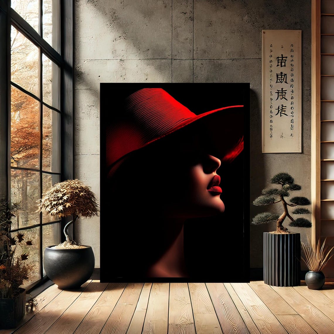 Mysterious Woman Red Hat Dramatic Black Noir Portrait Poster