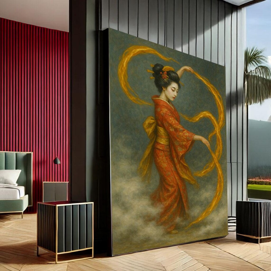 Japanese Geisha Dancer Red Kimono Golden Ribbon Swirl Wall Art