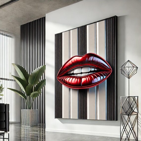 Glossy Red Lips Pop Art Grey Stripe Backdrop Modern Beauty Wall Art Piece