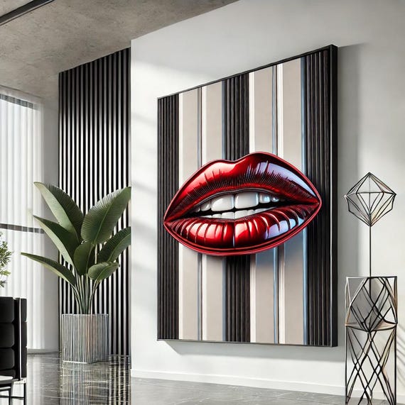 Woman Lips Pop Art Canvas Red Wall Modern Trendy Fashion Artwork Statement Home Accent Unique Gift For Lovers