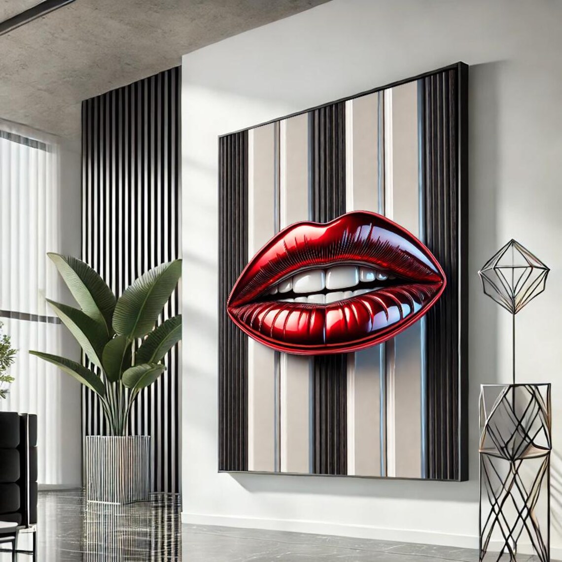 Glossy Red Lips Pop Art Grey Stripe Backdrop Modern Beauty Wall Art Piece