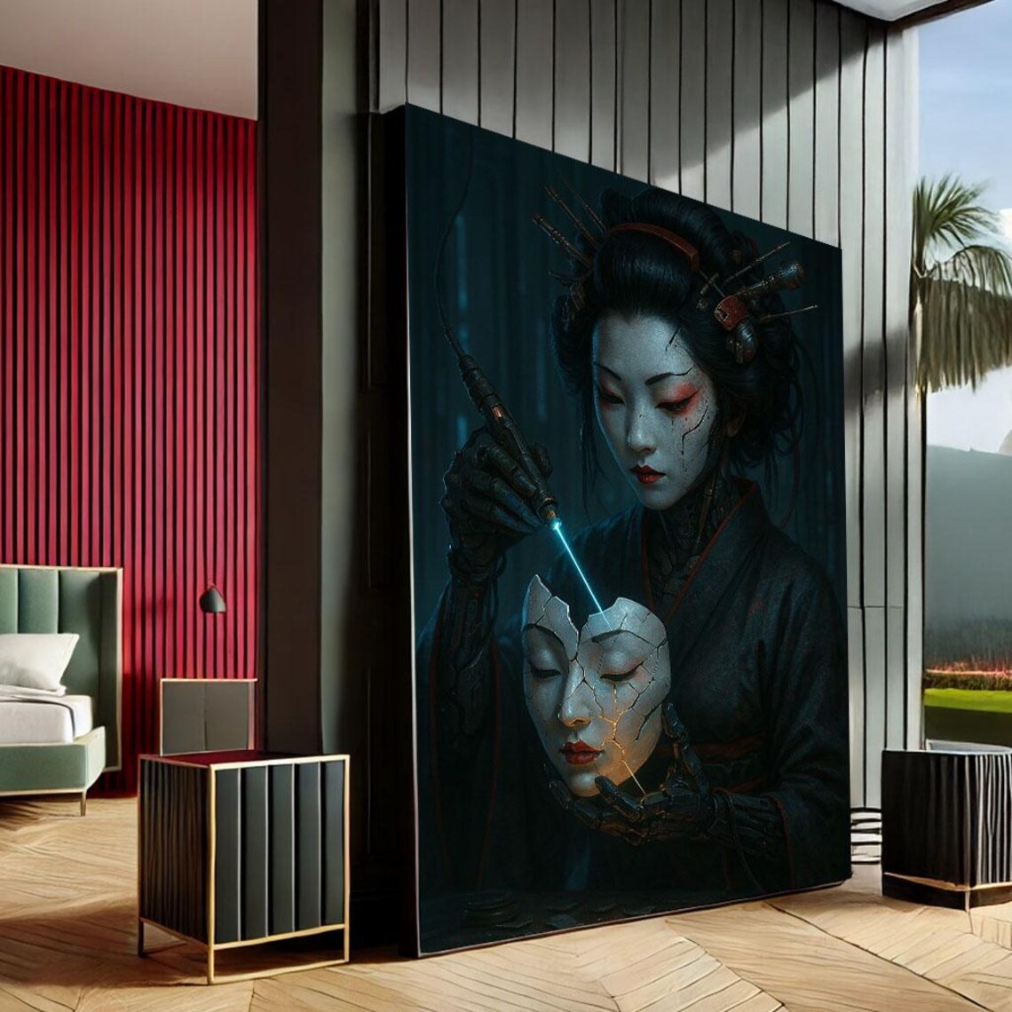 Cyberpunk Geisha Repairing Cracked Mask Dark Futuristic Art Poster