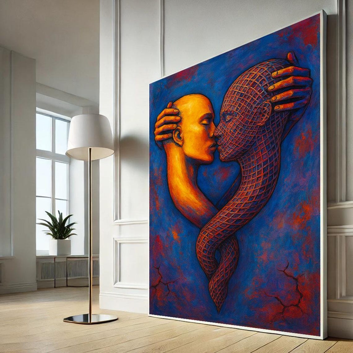 Surreal Entwined Lovers Kiss Wireframe Blue Orange Abstract Poster
